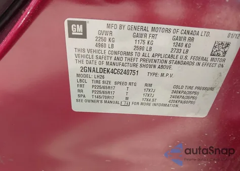 2012 Chevrolet Equinox 1Lt из США, поврежденный, VIN 2GNALDEK4C6240751